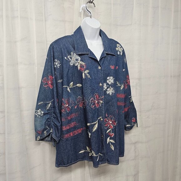Vintage Blue Chambray Blouse "Painted" Floral Studded Ruched Boho Artsy 22W - Picture 5 of 12